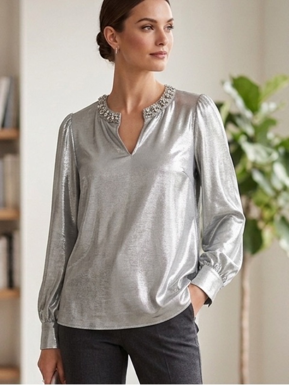 Ann Taylor Silver Long Sleeved Embellished V Neck Top NWT